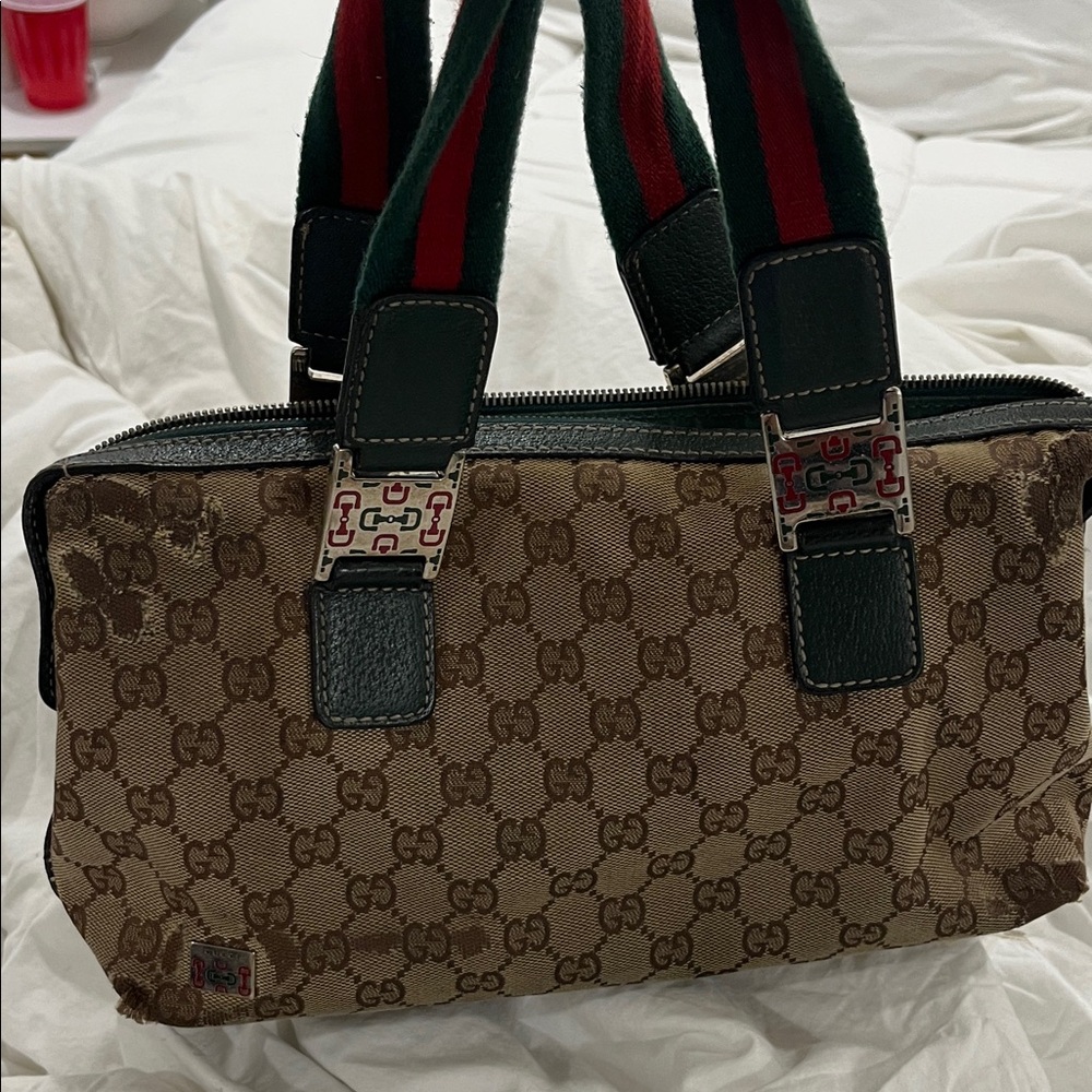 Gucci Beige and Green Monogram Tote - Picture 2 of 7